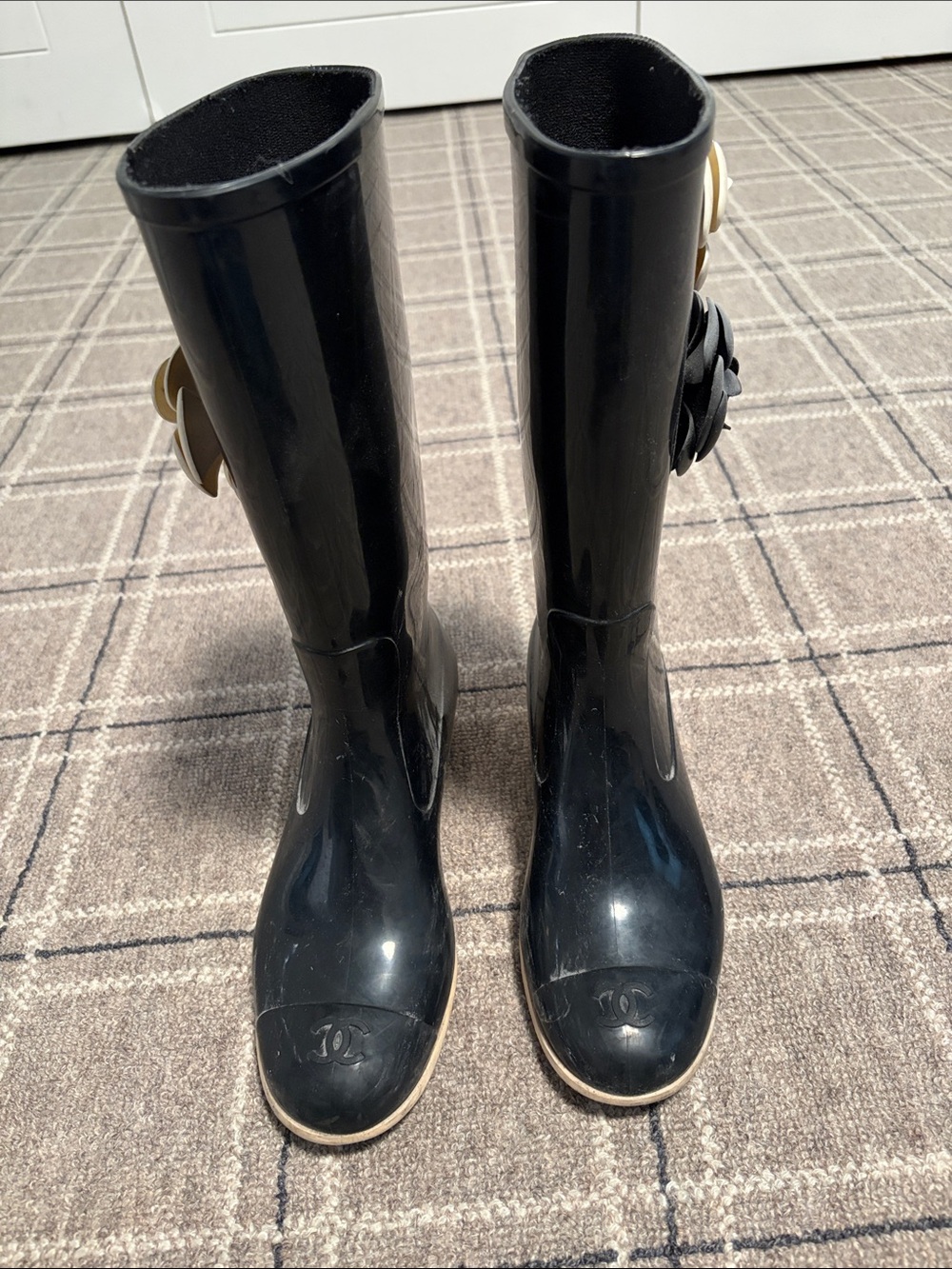 Chanel Black Women's Tall Rain Boots with Side Flower Accent